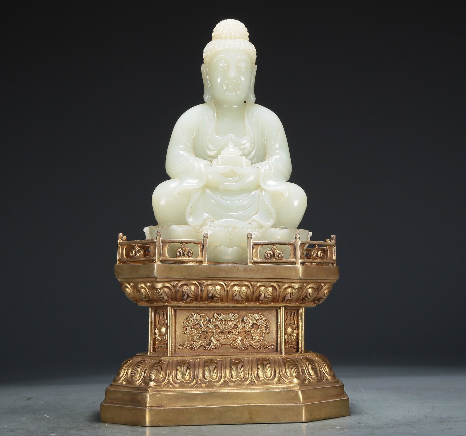 A Fabulous White Jade Figure Of Buddha Shakyamuni With A Gilt-Bronze Stand (1 of 9)