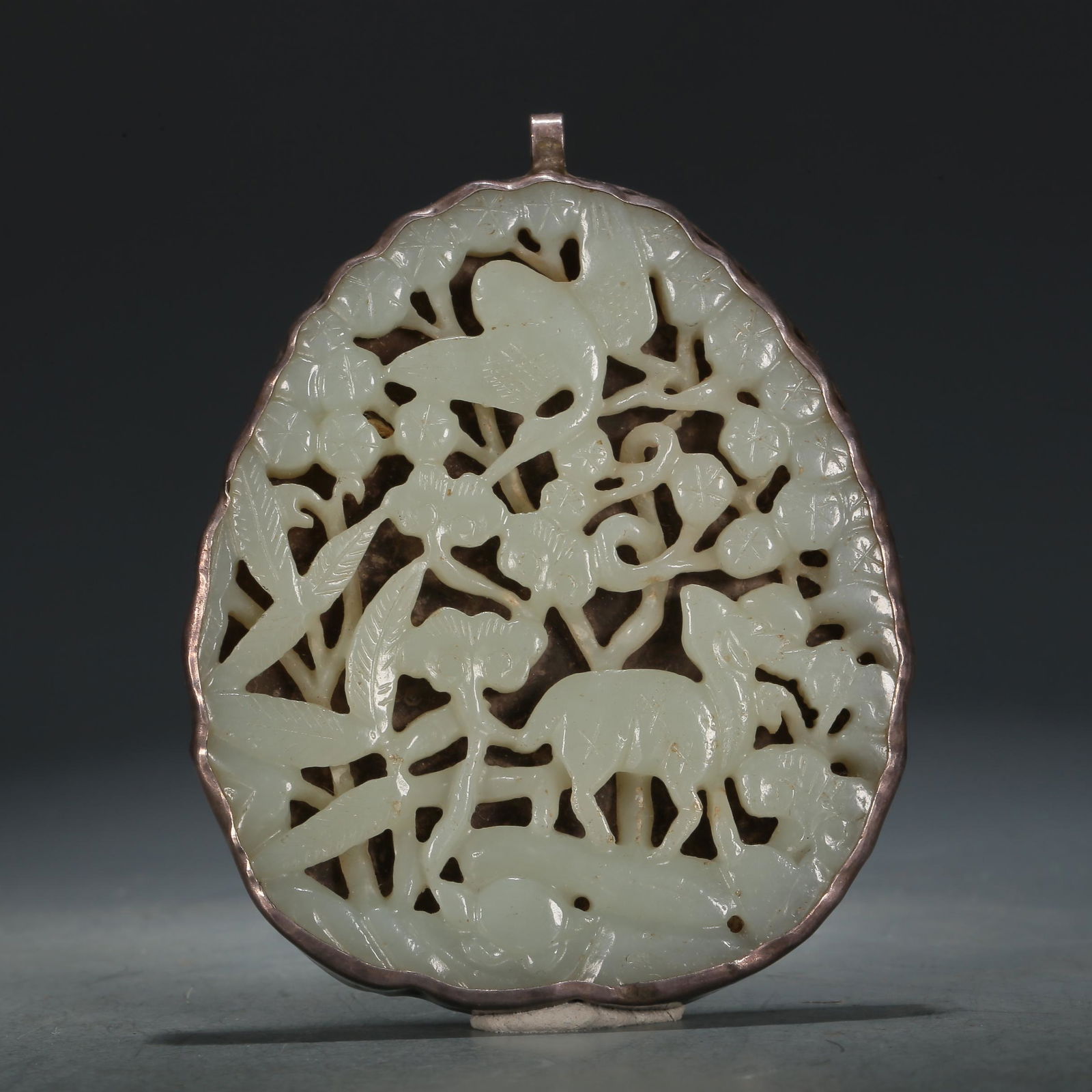 An Exquisite White Jade Silver-Mounted 'Crane& Deer' Pendant (1 of 3)