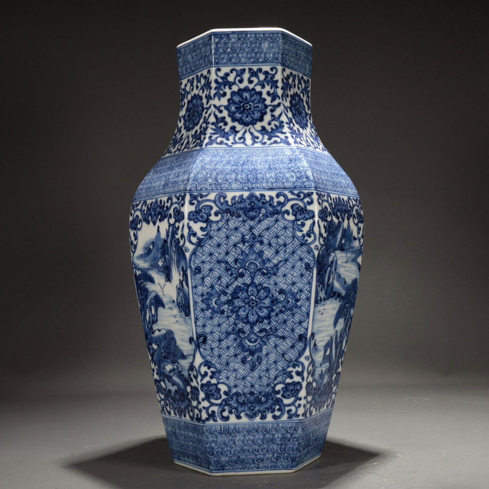 A Hexagonal Blue And White 'Landscape& Flower' Zun (1 of 9)