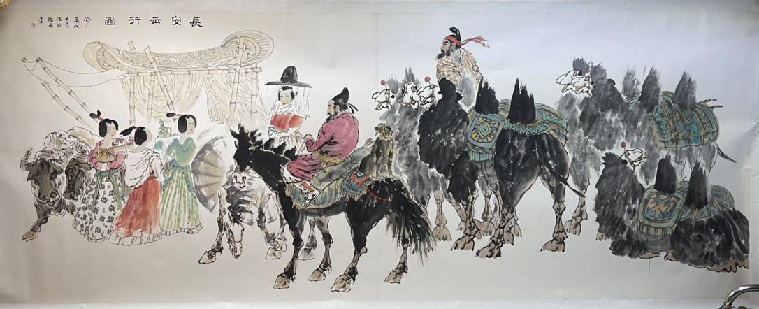 A Chinese Ink Painting By Liu Dawei: A Chinese Ink Painting By Liu Dawei: Figures In Chang An Ink and Color on Paper. Size:96cmx178cm