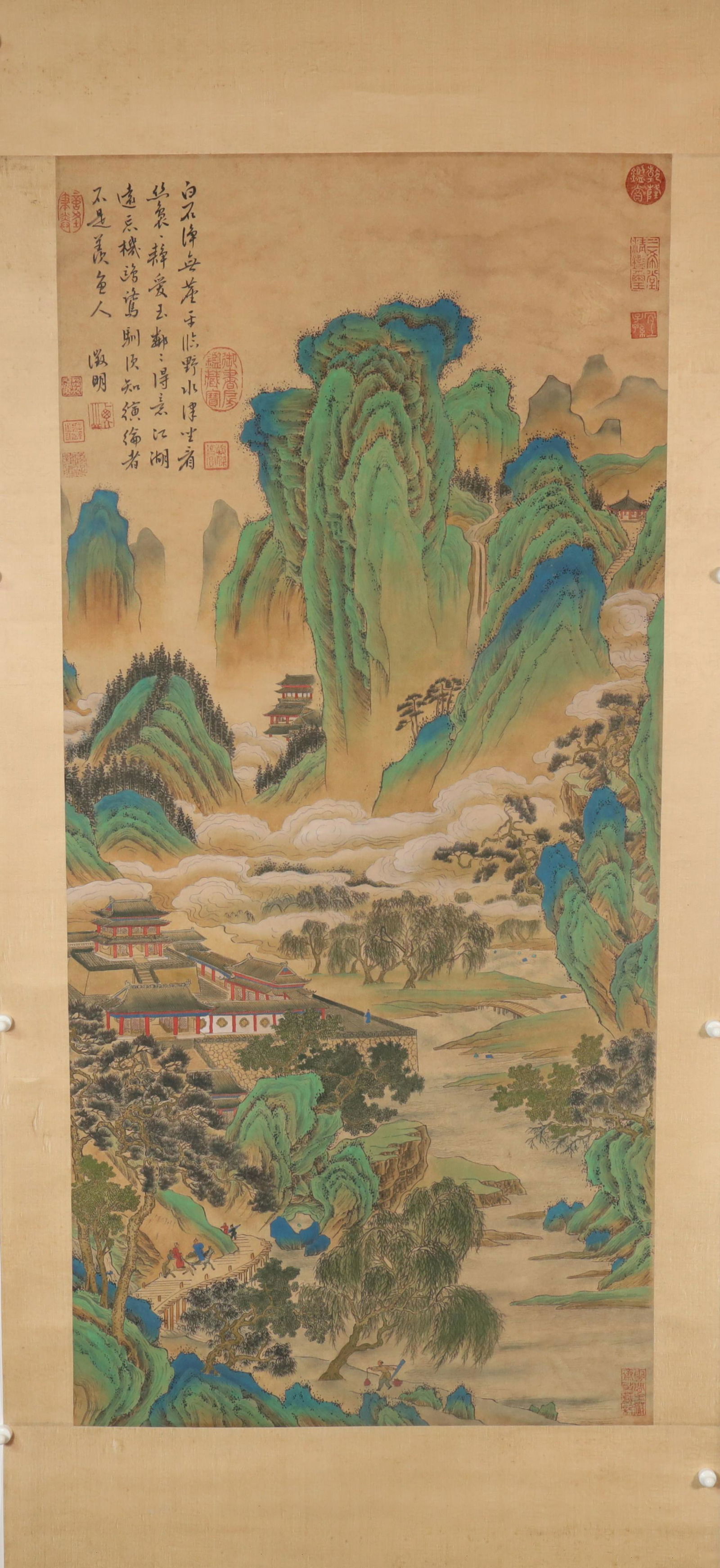 A Wonderful Verdant Mountains& Clear Water Silk Scroll Painting By WenZhengMing Made (1 of 6)
