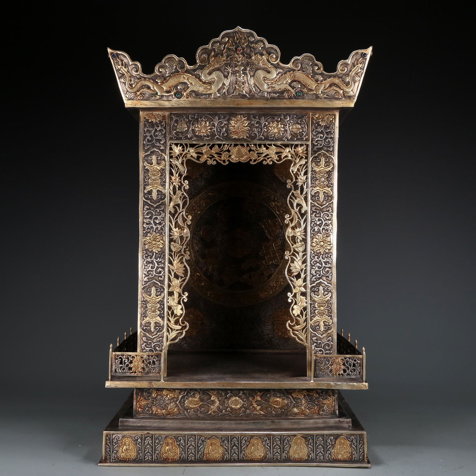 A Brilliant Gilt-Bronze Silver 'Scrolling Lotus& Dragon' Buddhist Shrine With Inscriptions (1 of 15)