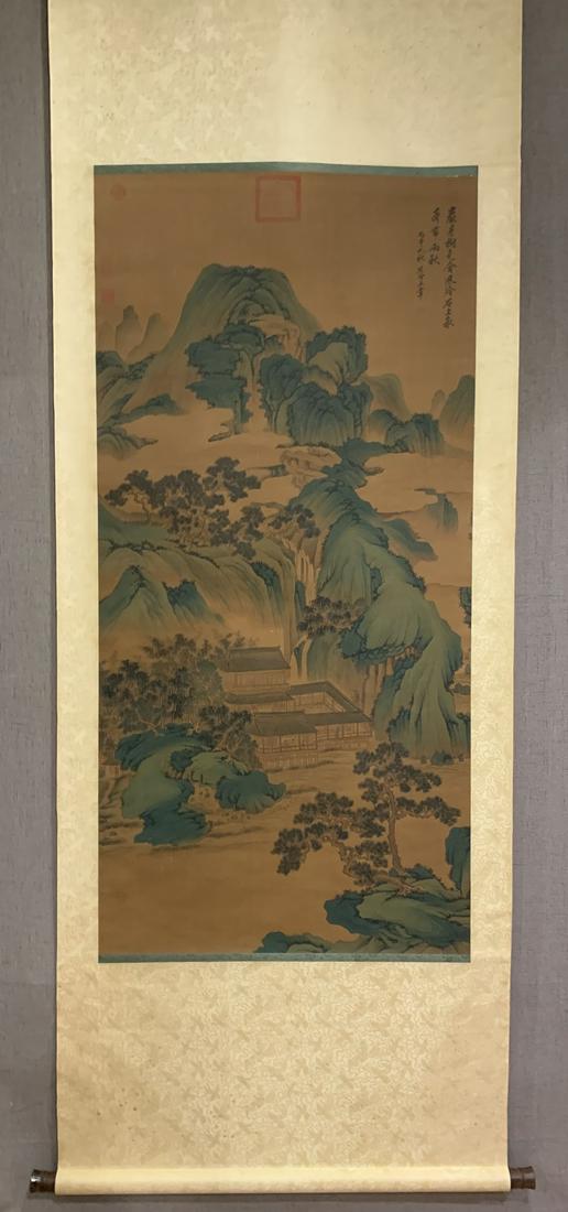 An Excellent Chinese Ink Painting Hanging Scroll By Wang Hui: An Excellent Chinese Ink Painting Hanging Scroll By Wang Hui: Landscape Ink and Color on Silk. Size(Without the Frame):140cmx68cm. 王翬，自然风景