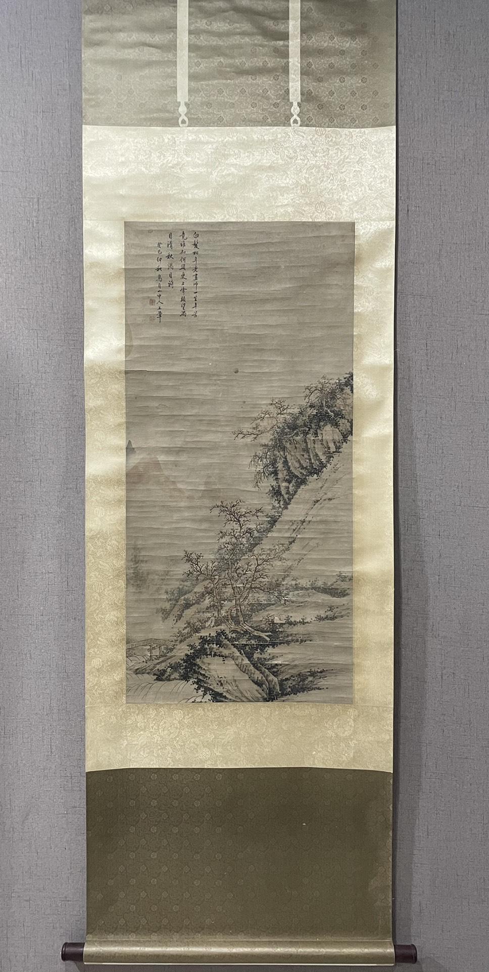 A Brilliant Chinese Ink Painting Hanging Scroll By Wang Hui: A Brilliant Chinese Ink Painting Hanging Scroll By Wang Hui: Landscape Ink And Color on Paper. Chinese Qing Dynasty. Size (Without Frame):92cmx45cm 王翬 松山图