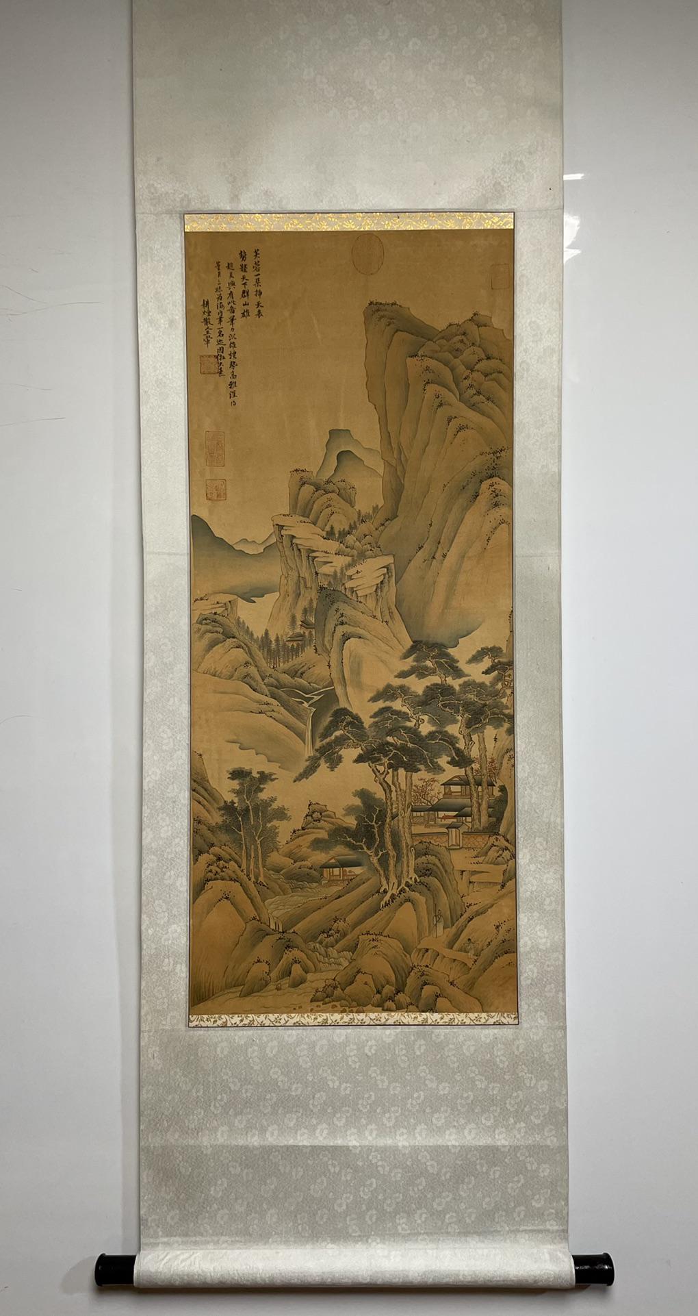 A Chinese Ink Painting Hanging Scroll By Wang Hui: A Chinese Ink Painting Hanging Scroll By Wang Hui: Landscape and Figure. Ink and Color on Silk. Size:88cmx37cm 王翬 山水图