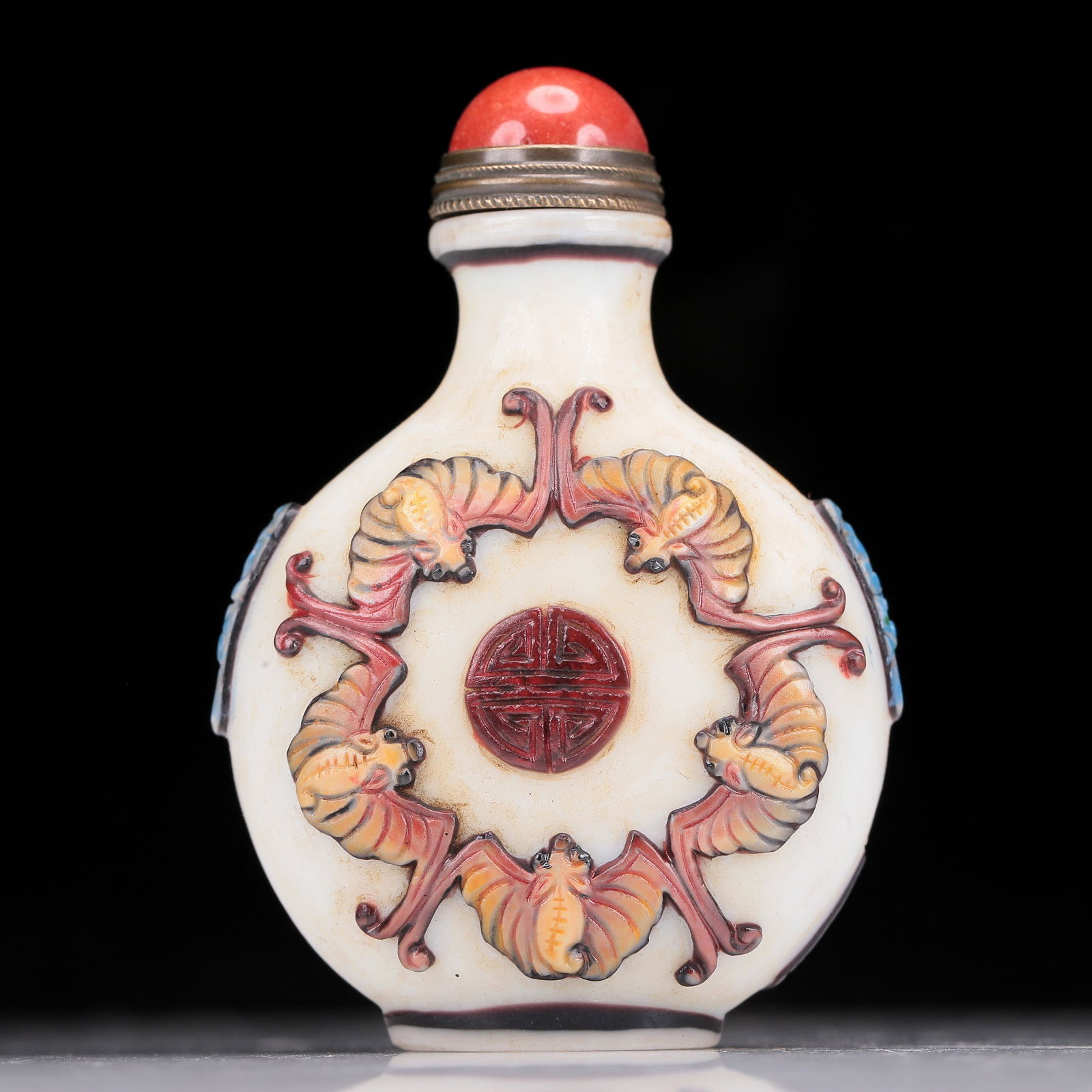 A Brilliant Polychrome Overlay White Glass 'Bat' Snuff Bottle (1 of 6)