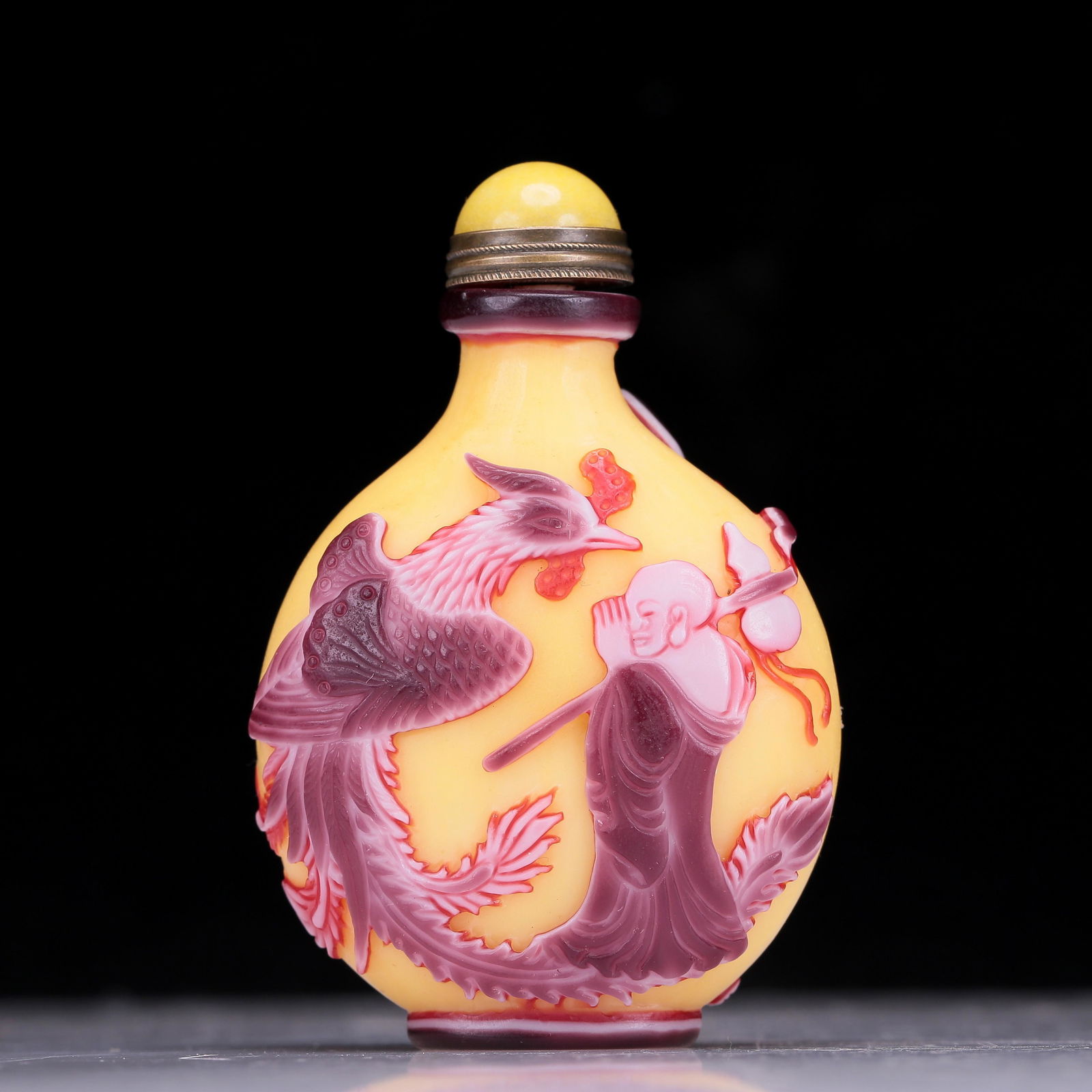 A Gorgeous Polychrome Overlay Yellow Glass 'Zhong Kui' Snuff Bottle (1 of 6)