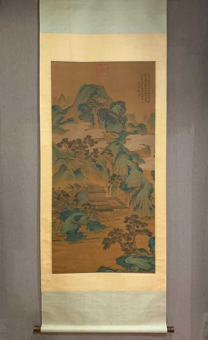 An Excellent Chinese Ink Painting Hanging Scroll By Wang Hui: An Excellent Chinese Ink Painting Hanging Scroll By Wang Hui: Landscape Ink and Color on Silk. Size(Without the Frame):138cmx68cm. 王翬，自然风景