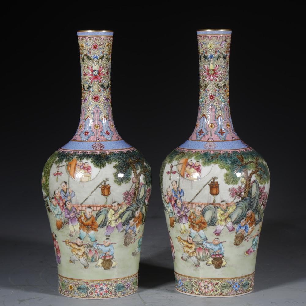 A Superb Pair Of Famille-Rose Long-Necked 'Boy' Vases (1 of 9)
