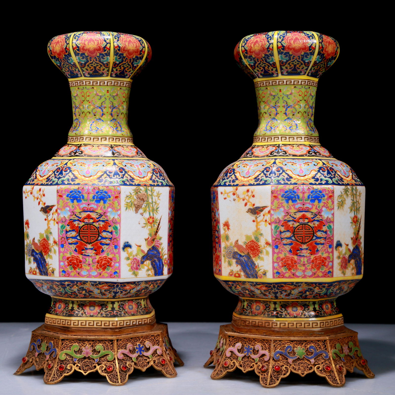 A Gorgeous Pair Of Famille-Rose Gold-Mounted 'Bird& Flower' Vases (1 of 10)