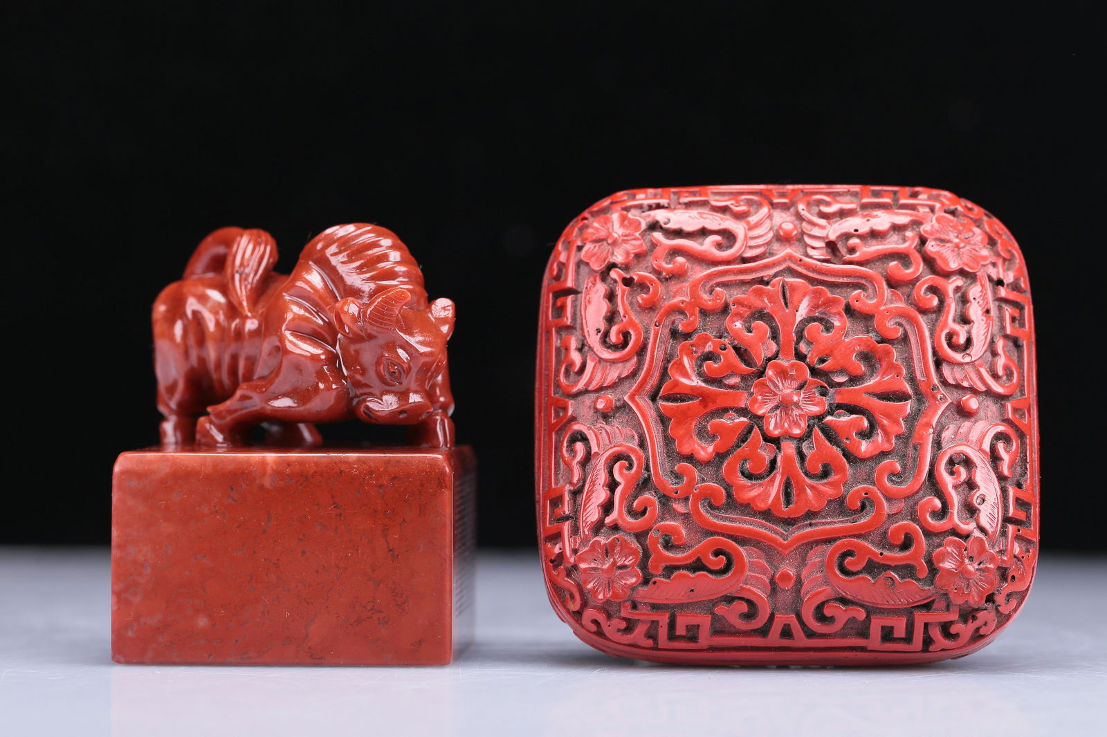 A Precious Soapstone 'Buffalo' Seal With Poem Inscriptions And A Cinnabar-Lacquer 'Flower' Inkpad Bo (1 of 16)