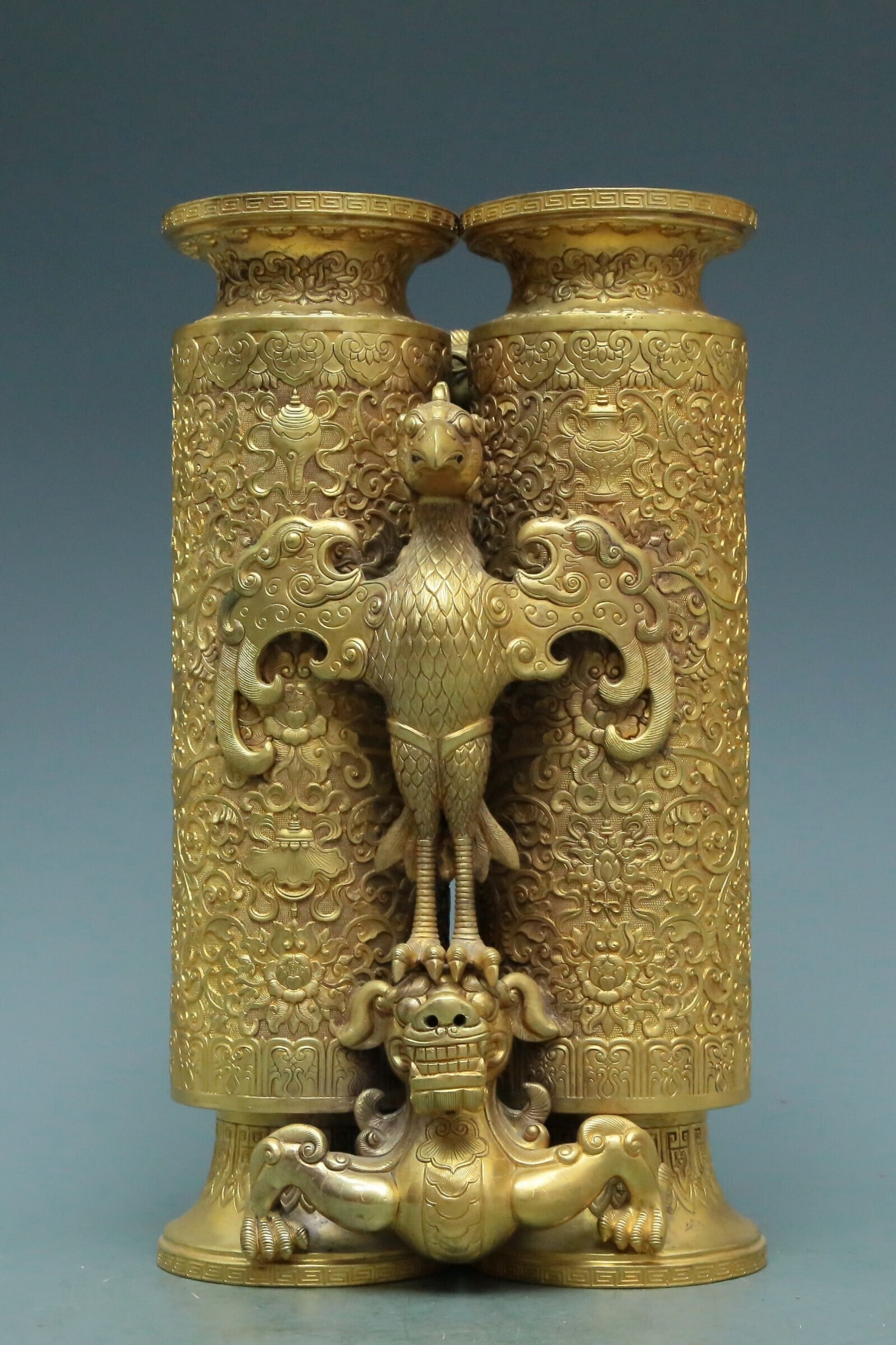 A Wonderful Gilt-Bronze 'Scrolling Lotus& Mythical Beast' Double-Vase (1 of 8)
