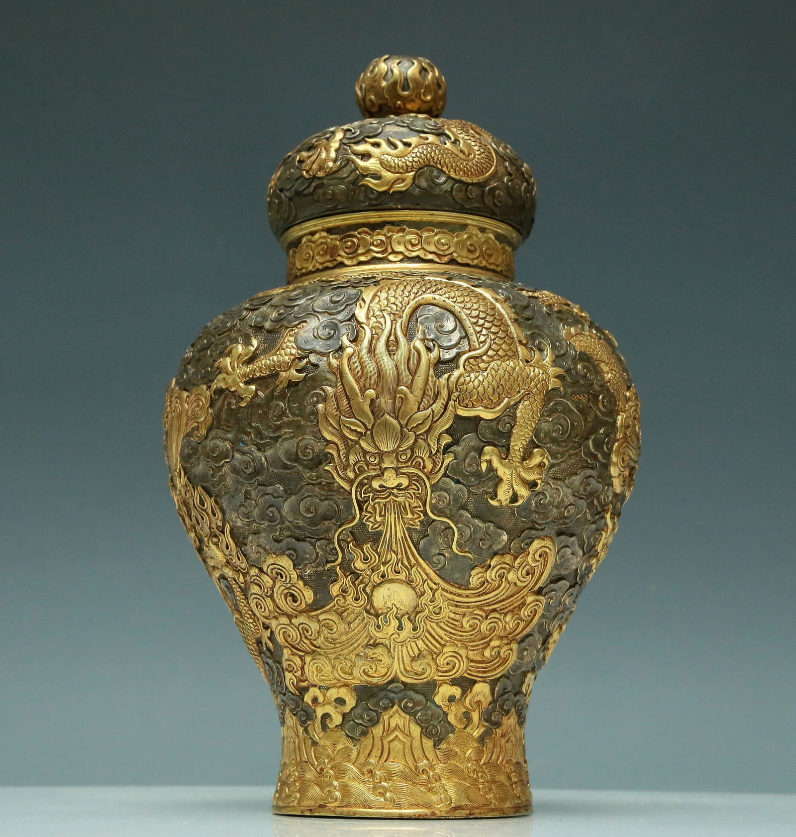 A Marvelous Gilt-Bronze Silver 'Dragon& Auspicious Cloud' Jar (1 of 14)