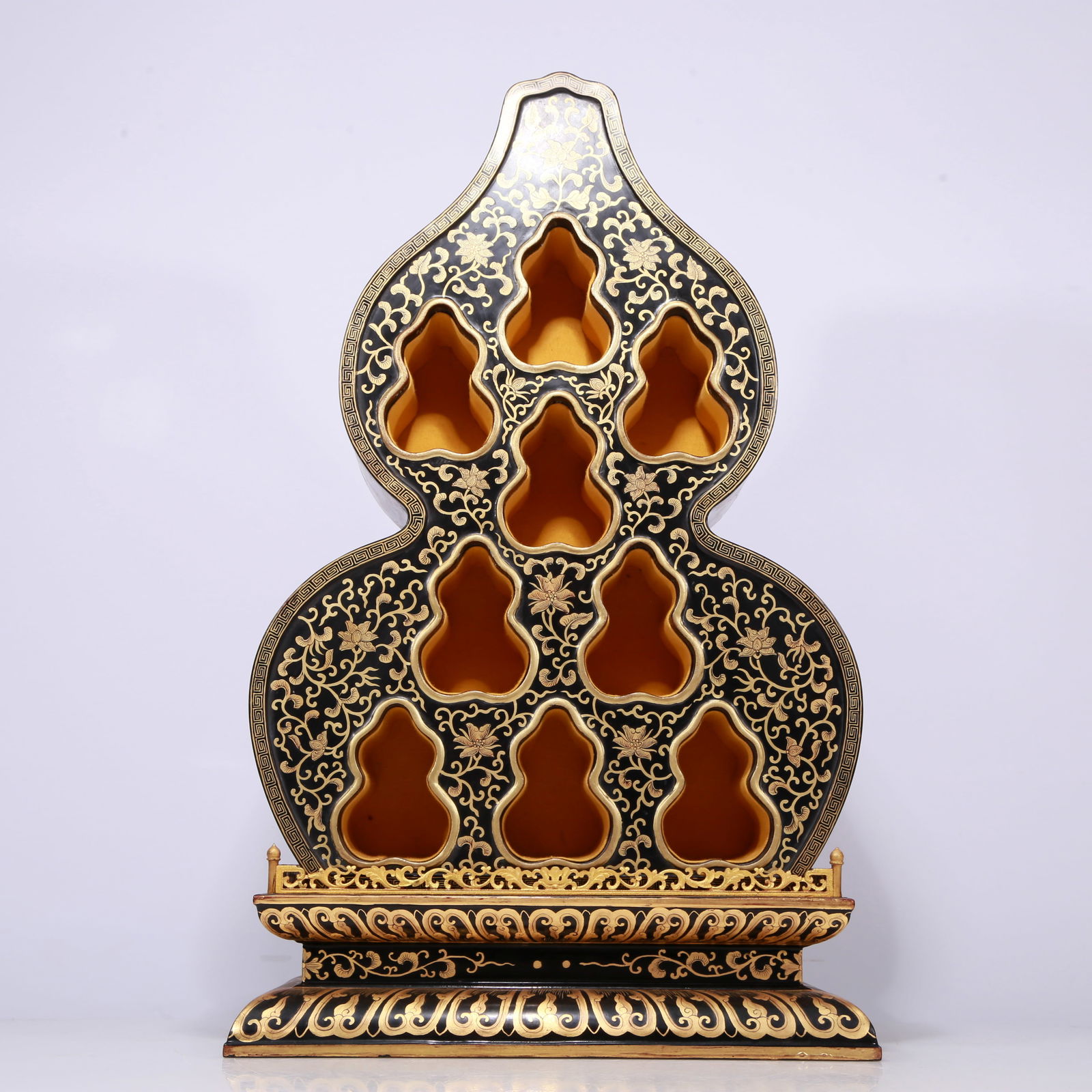 An Exquisite Wood-Lacquered Gilded 'Scrolling Lotus' Gourd-Form Buddhist Shrine (1 of 13)