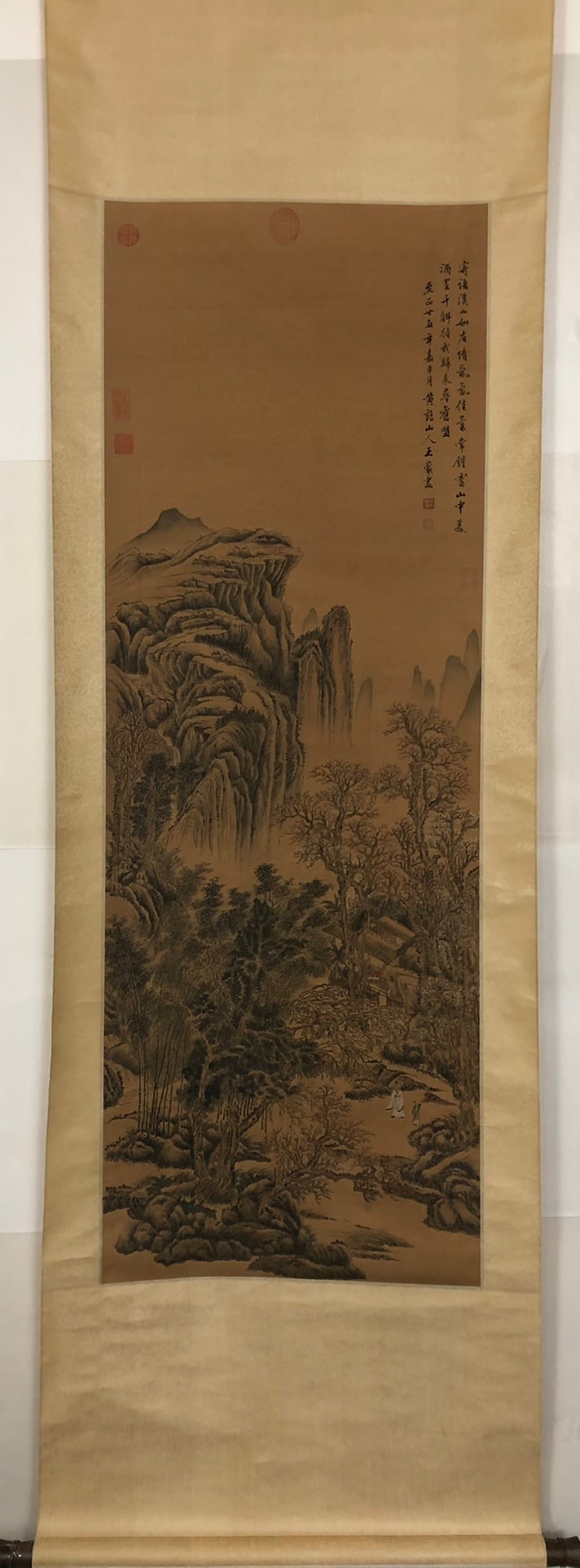 A Chinese Ink Painting Hanging Scroll By Wang Meng: A Chinese Ink Painting Hanging Scroll By Wang Meng: Landscape. Ink and Color on Silk. Size:137cm×48cm 王蒙 山水图