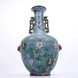 A Fabulous Cloisonne 'Scrolling Lotus' Dragon-Handled Vase: A Fabulous Cloisonne 'Scrolling Lotus' Dragon-Handled Vase. Enameled with polychrome patterns, all reserved on a bright turquoise ground. Chinese Qing Dynasty. Qianlong Four-Character Mark.