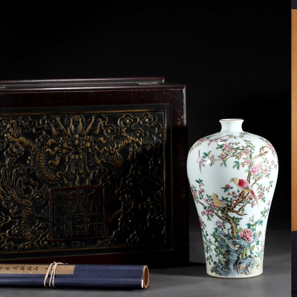 A Rare Famille-Rose Flower and Bird Pattern Vase with A Chinese Vertical Scroll Ink Painting on Silk (1 of 9)