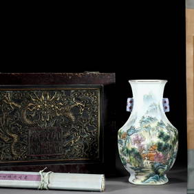 A Rare Famille-Rose Landscape Pattern Double-Ears Vase with A Chinese Vertical Scroll Ink Painting o (1 of 8)