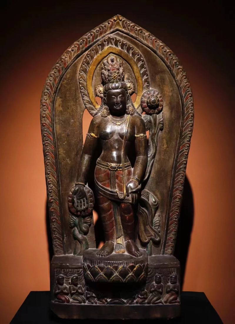 A Monumental Limestone Painted Color Statue Of Green Tara Auction