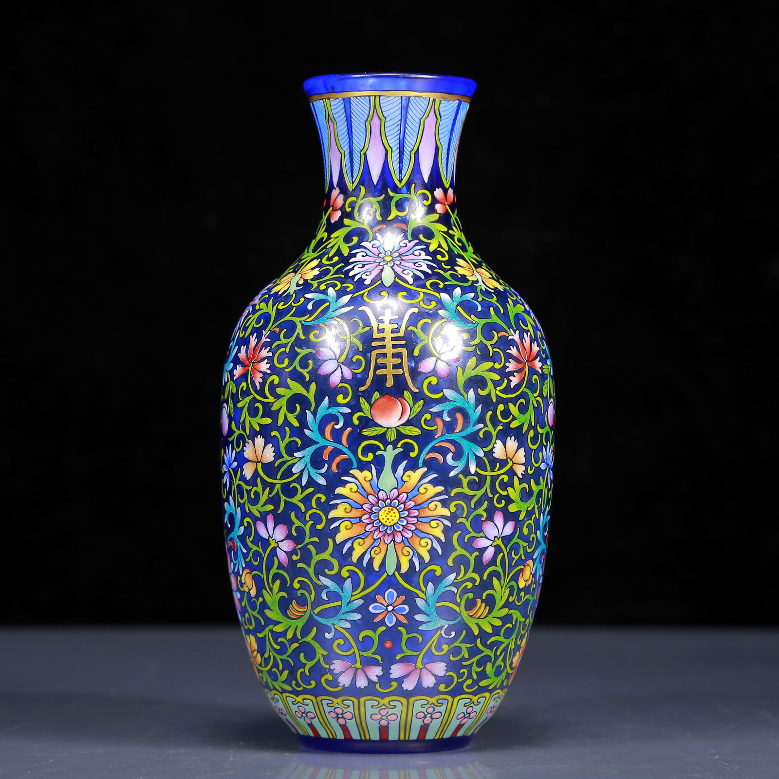 An Exquisite Glass Blue Glazed Famille-Rose Flower Pattern Vase (1 of 5)
