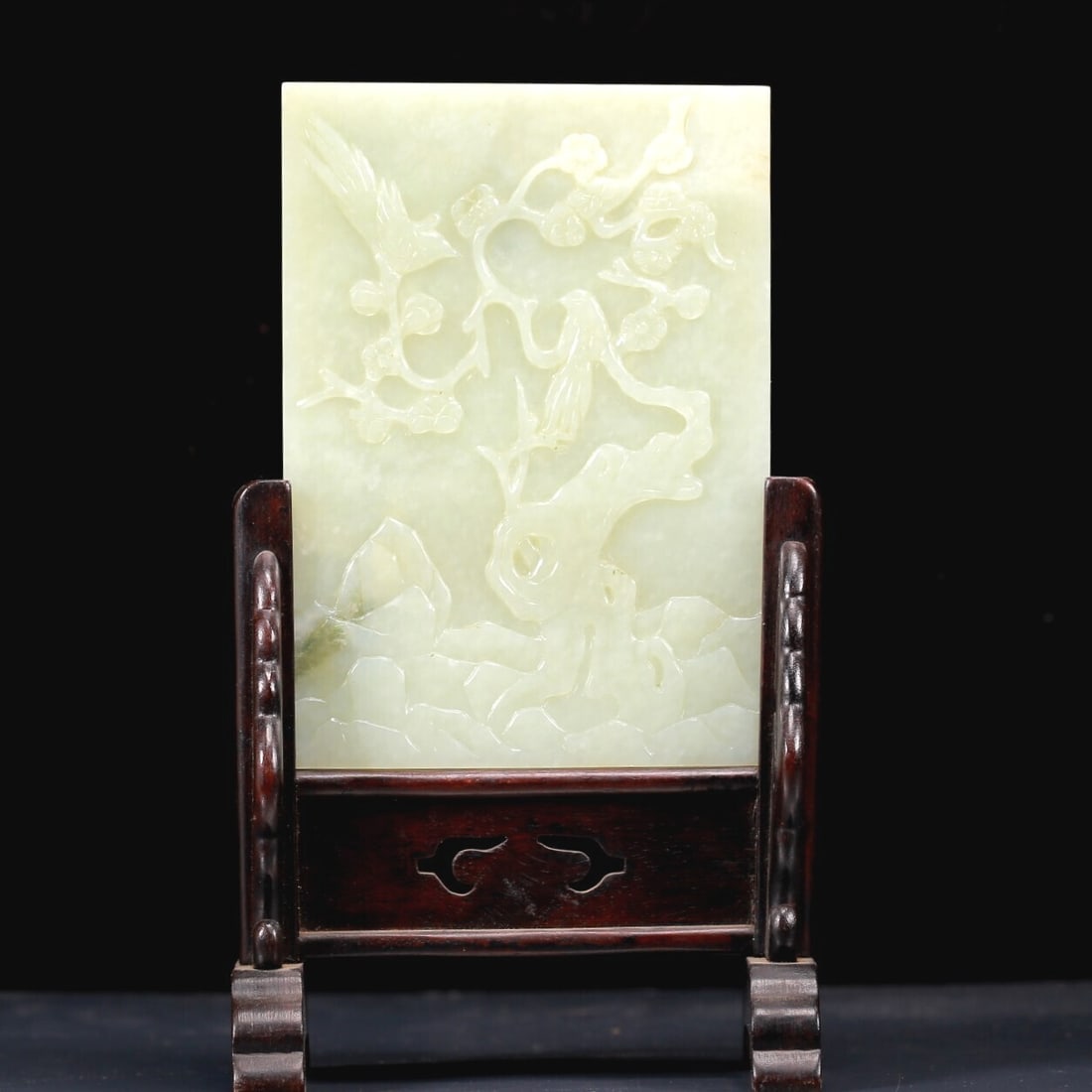 A Precious White Jade 'Bird& Flower' Table Screen With Poem Inscriptions And A Zitanwood Stand (1 of 14)