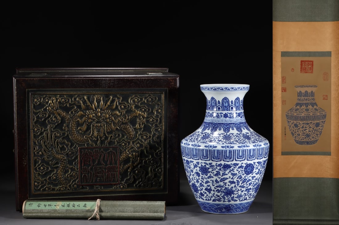 A Rare Blue and White Flower Pattern Vase,With Silk Vertical Scroll Ink Painting (1 of 8)