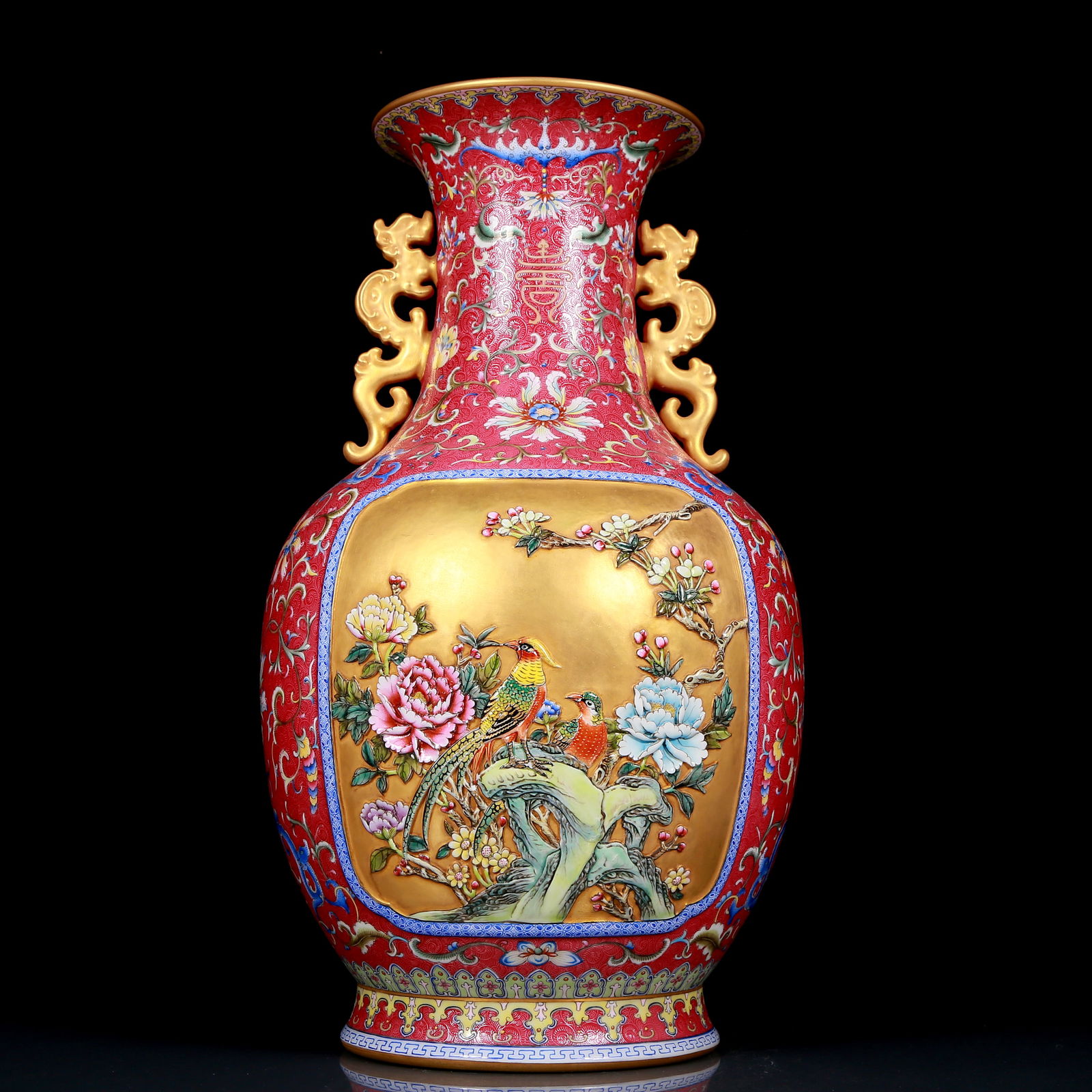 A Huge Enamel Ruby Red-Glazed Flower and Bird Pattern Double-Ears Vase (1 of 9)