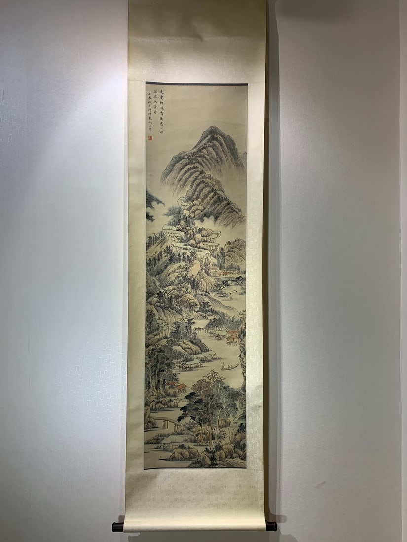 A Chinese Vertical Scroll Ink Painting of Landscape on Paper,Wang Hui: A Chinese Vertical Scroll Ink Painting of Landscape on Paper,Wang Hui,Size(Without The Frame):163cmx43cm 中国水墨山水画立轴,王翬