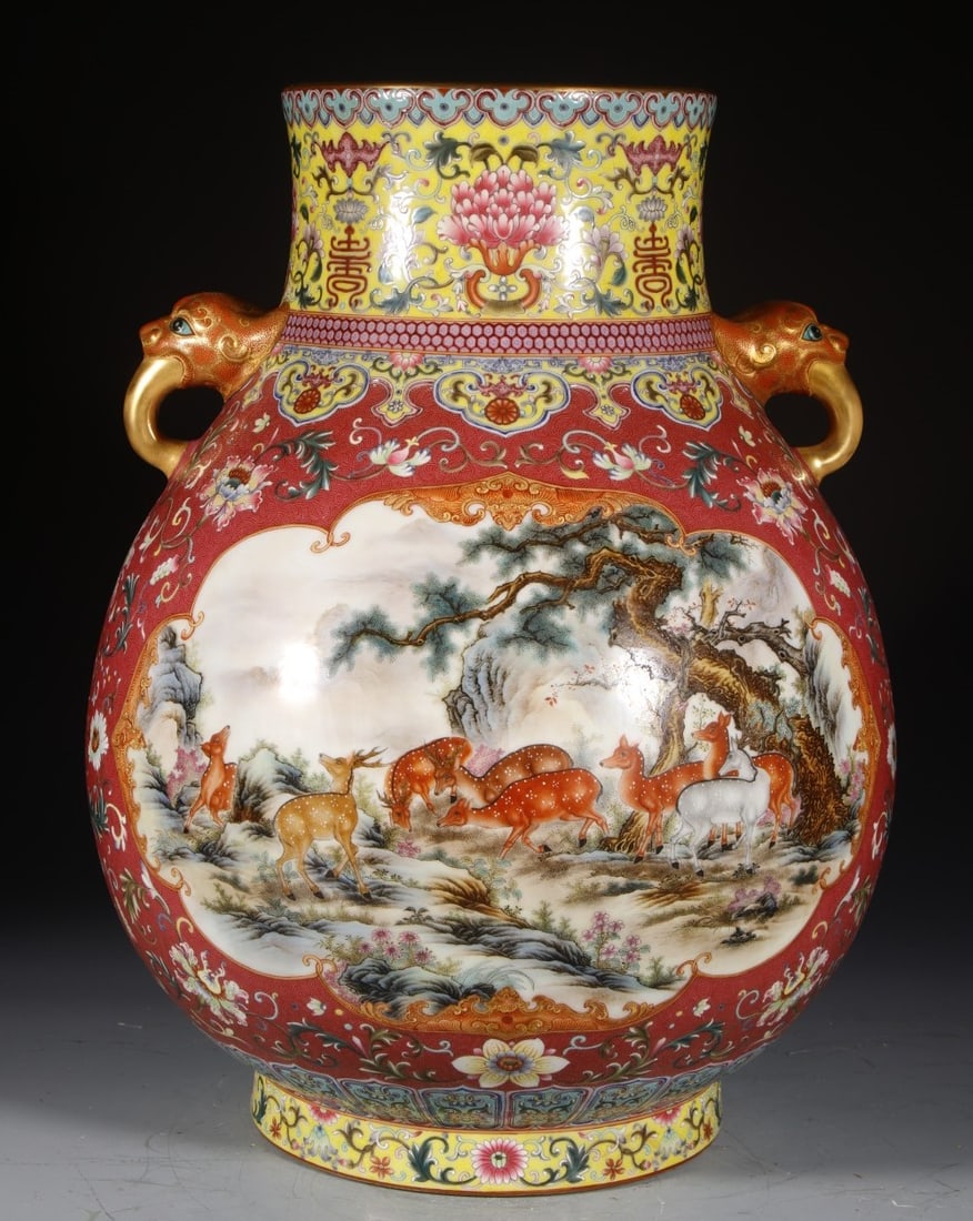 A Huge Enamel Pine and Deer Pattern Double-Ears Vase (1 of 9)
