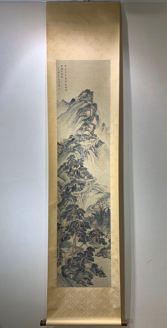 A Chinese Vertical Scroll Ink Painting of Landscape on Paper,Wang Hui: A Chinese Vertical Scroll Ink Painting of Landscape on Paper,Wang Hui,Size(Without The Frame):183cmx43cm 中国水墨山水画立轴,王翬