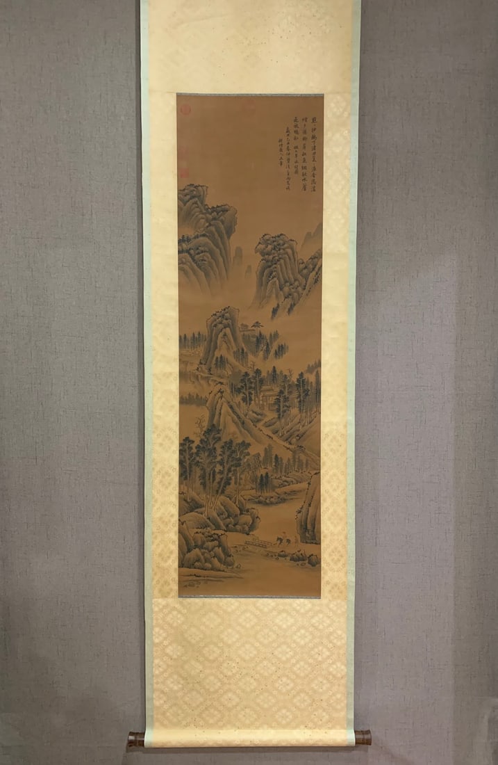 A Chinese Vertical Scroll Ink Painting of Landscape on Silk,Wang Hui: A Chinese Vertical Scroll Ink Painting of Landscape on Silk,Wang Hui,Size(Without The Frame):136cmx39cm 中国水墨绢本山水画立轴,王