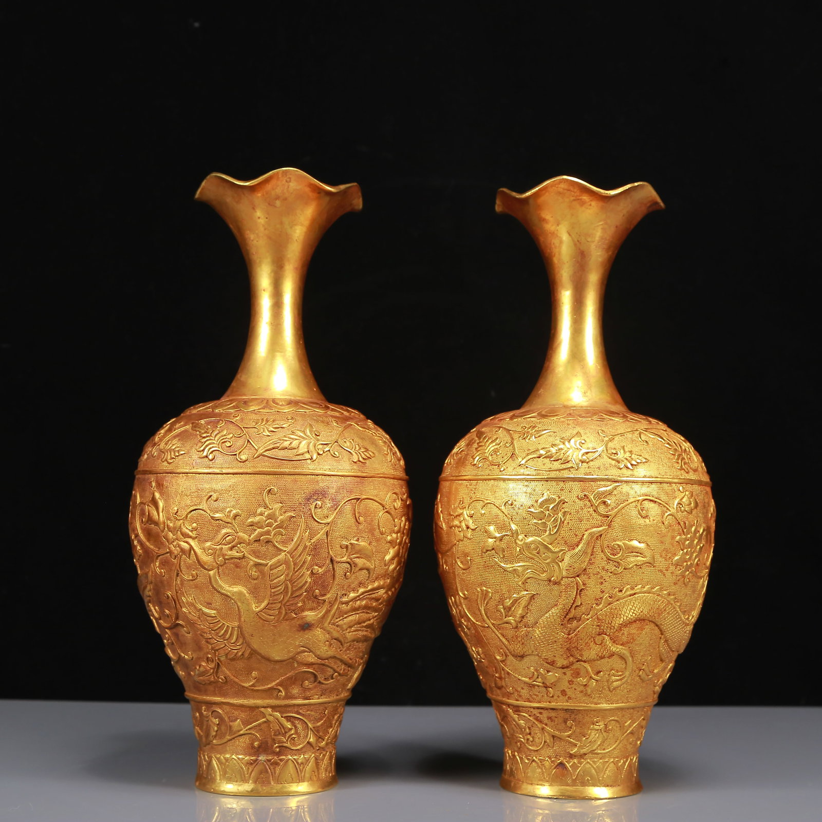 A Pair of Rare Gilt Bronze Dragon and Phoenix Pattern Vases (1 of 6)