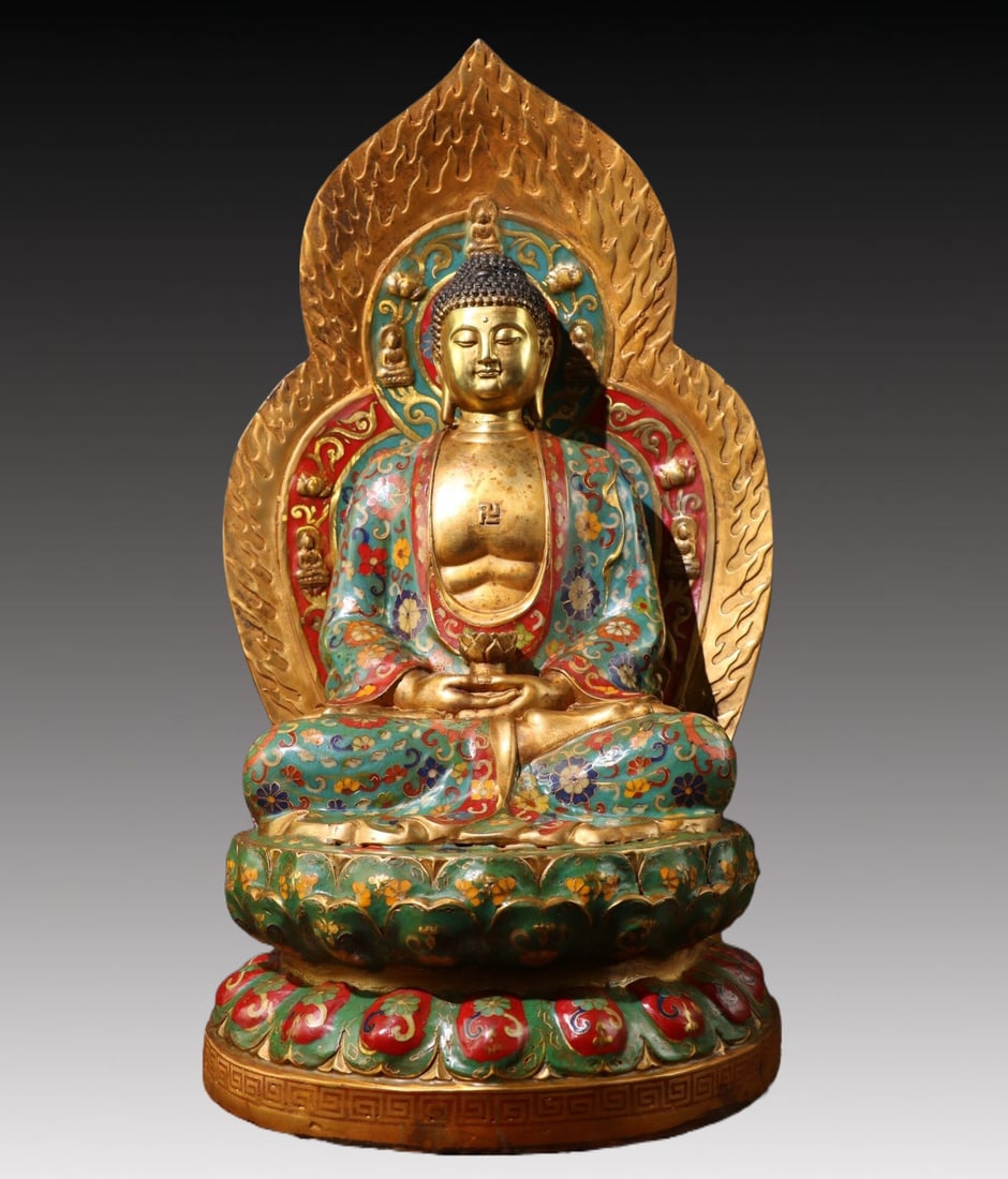 A Solemn Gilt Bronze Cloisonne Statue of Sakyamuni: A Solemn Gilt Bronze Cloisonne Statue of Sakyamuni,Yongle Four-character Mark,Ming Dynasty, China,Size:58cmx33cmx29cm,Weight:11.50kg 景泰蓝释迦摩尼像,&#