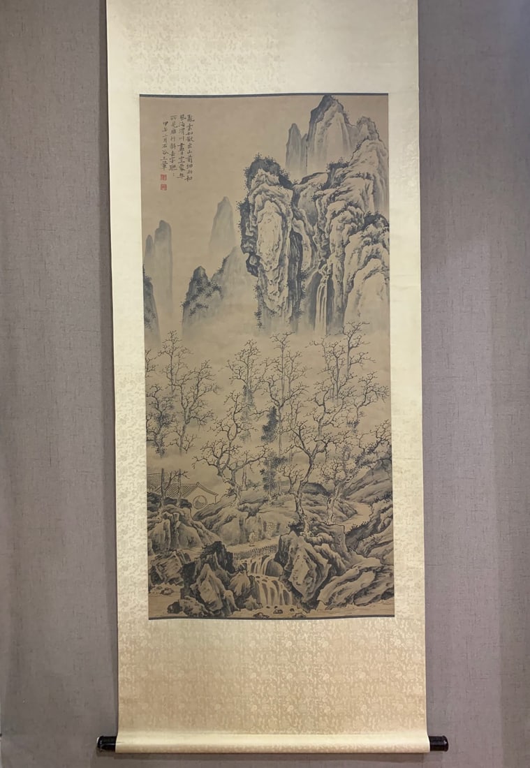 A Chinese Vertical Scroll Ink Painting of Landscape on Paper,Wang Hui: A Chinese Vertical Scroll Ink Painting of Landscape on Paper,Wang Hui,Size:135cmx64cm 中国水墨山水画立轴，王翬