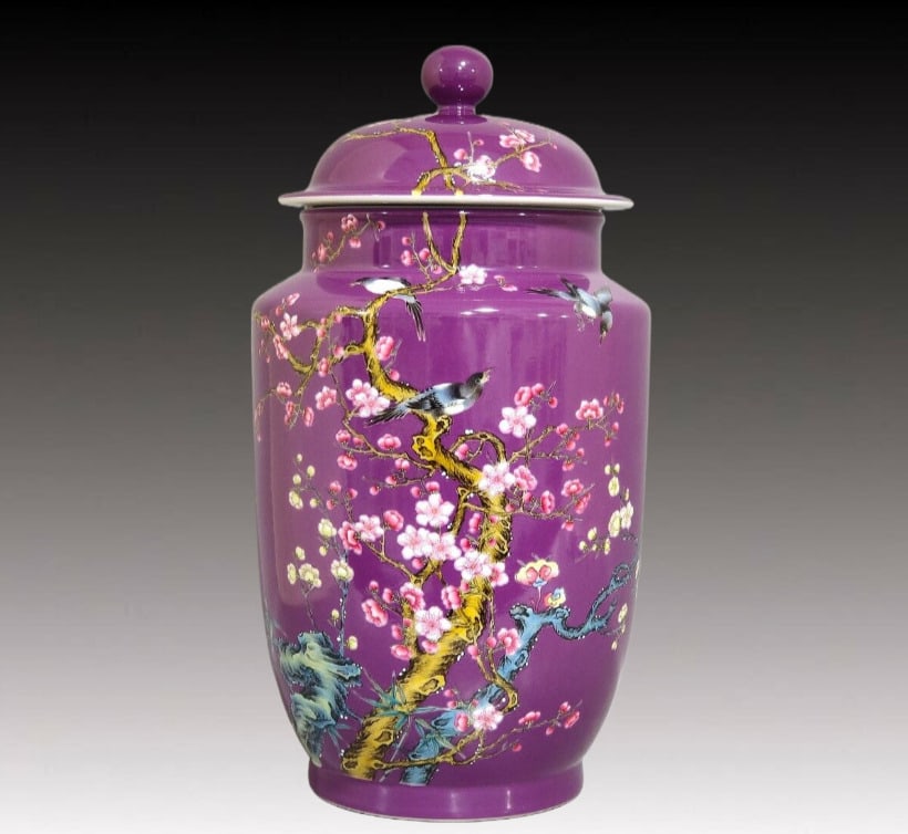 A Rare Purple Glazed Flower and Bird Pattern Cover Jar,with poem (1 of 8)