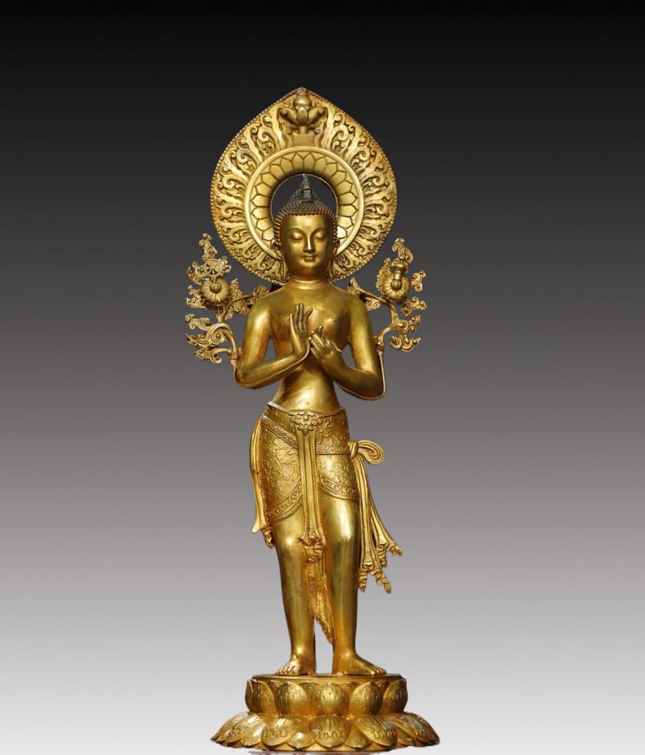 A Solemn Gilt Bronze Statue of Bodhisattva: A Solemn Gilt Bronze Statue of Bodhisattva,Qing Dynasty, China,Size:51cmx17cmx17cm,Weight:3.85kg 铜鎏金菩萨立像,中国清代