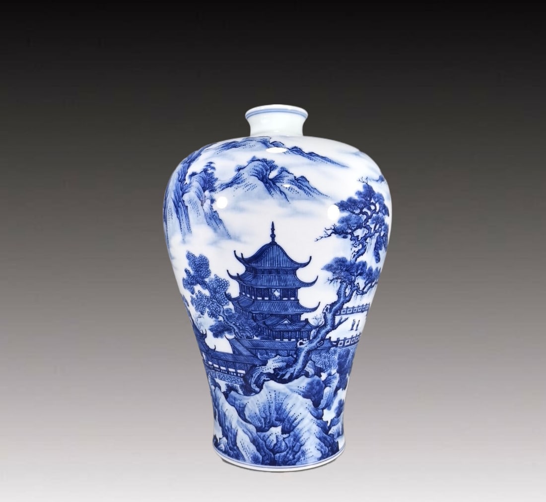 A Rare Blue and White Landscape Pattern Vase: A Rare Blue and White Landscape Pattern Vase,Qing Dynasty, China,Qianlong Six-character Mark,Size:35cmx24cm 青花山水纹瓶，清代，乾&
