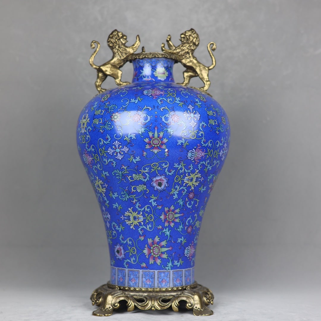 A Precious Famille-Rose Flower Pattern Inlaid Copper Lion-Ears Vase (1 of 9)