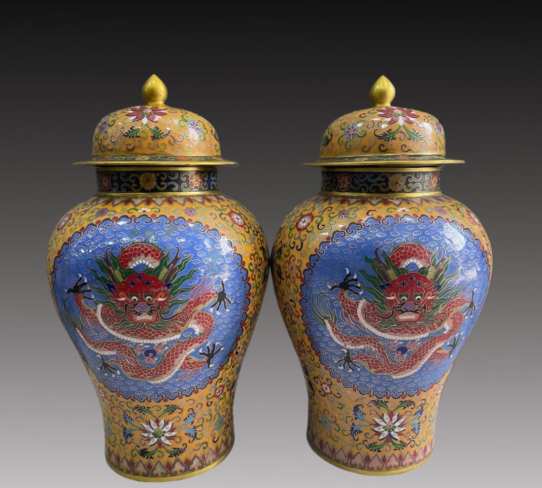 A Pair of Fine Gilt Bronze Cloisonne Lotus and Dragon Pattern Jar (1 of 6)