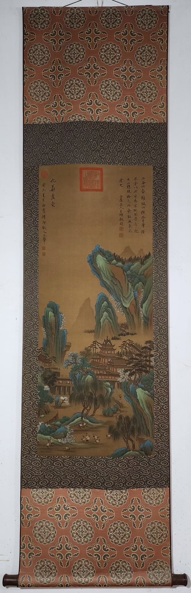 A Chinese Vertical Scroll Ink Painting of Landscape on Silk : A Chinese Vertical Scroll Ink Painting of Landscape on Silk Wang hui without frame size:98cmx39.5cm 王翚 青绿山水图 王时敏题绢&#