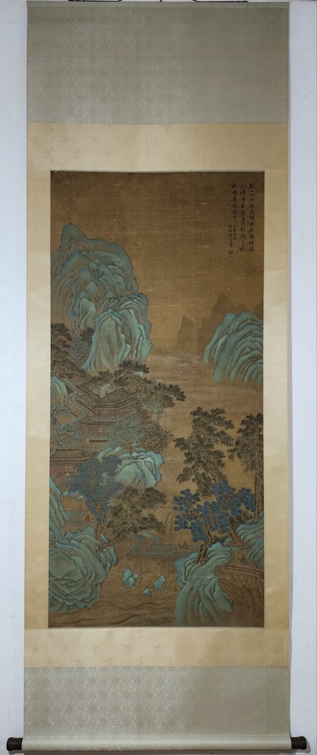 A Chinese Vertical Scroll Ink Painting of Landscape and Figure on Silk : A Chinese Vertical Scroll Ink Painting of Landscape and Figure on Silk Wang hui without frame size:145cmx68.5cm 王翚 青绿山水图 绢本立๘