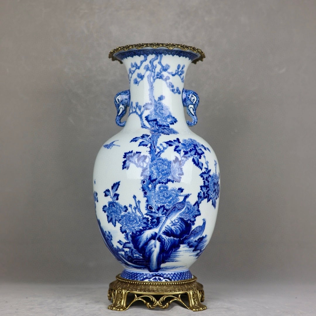 A Exquisite Blue and White Inlaid Coppery Flower and Bird Pattern Elephant-Ears  Vase  (1 of 9)