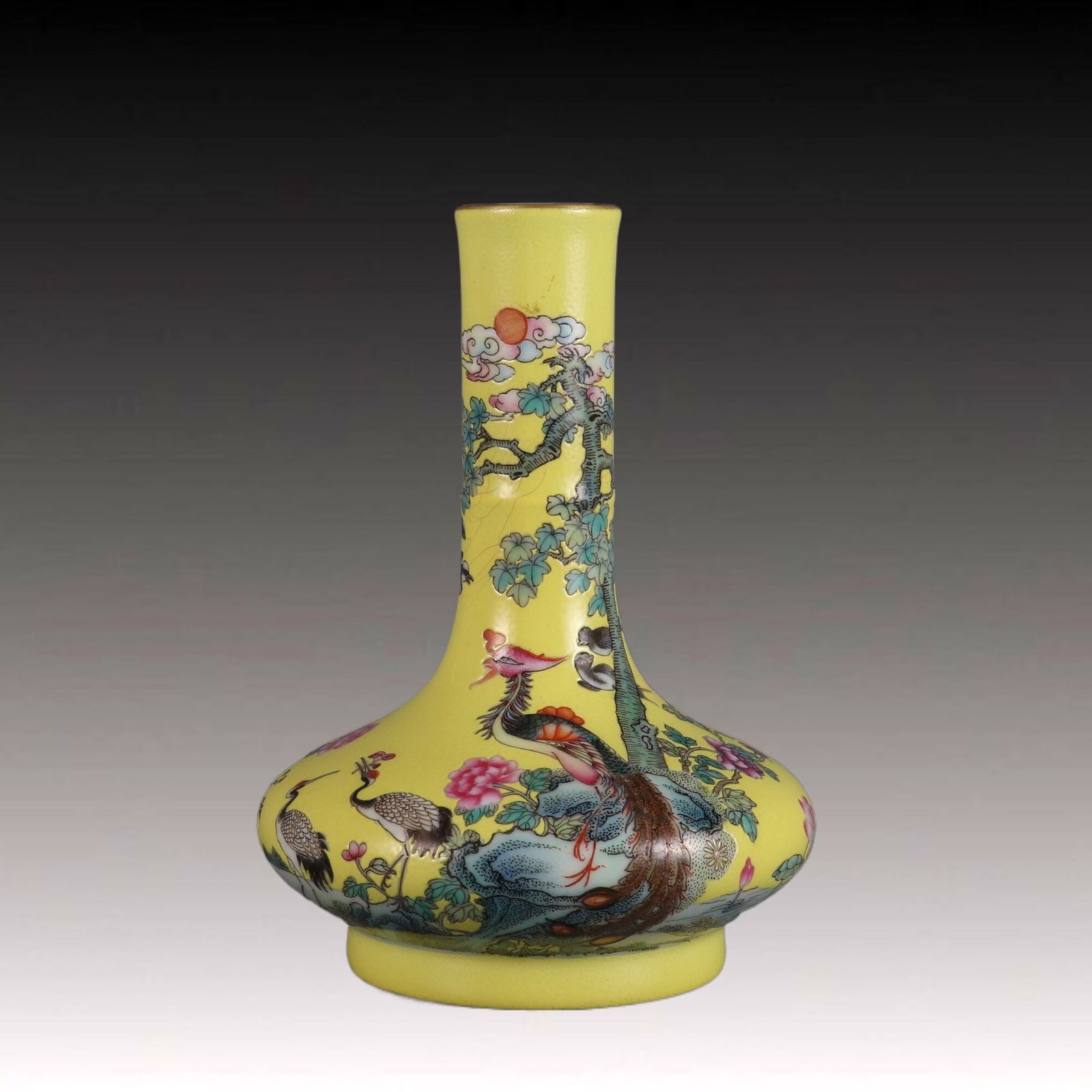 An Exquisite Yellow Ground Famille-Rose Flower and Bird Pattern Vase (1 of 9)