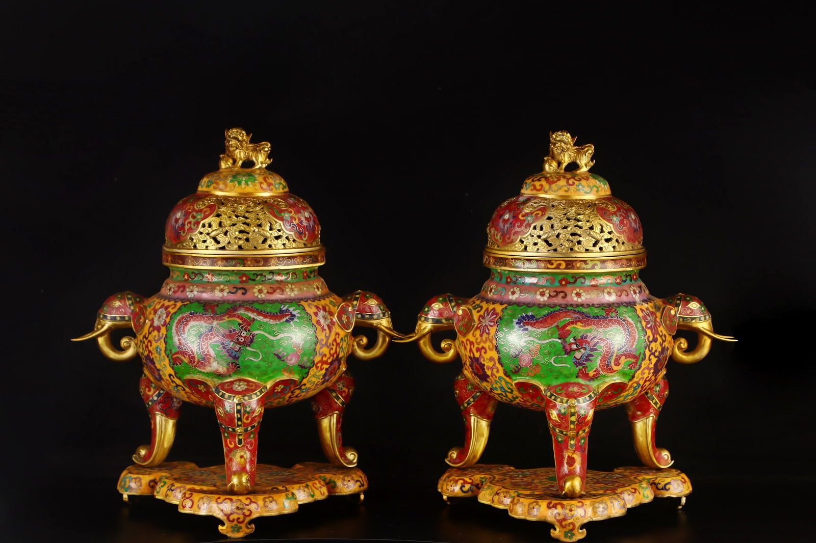 A Pair of Rare Cloisonne Lotus and Dragon Pattern Elephant-Ears and Tripod Censers (1 of 9)