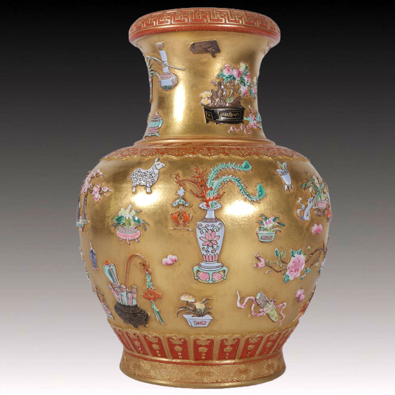 An Exquisite Enamel Gold Ground Eight Treasures Pattern Vase (1 of 9)