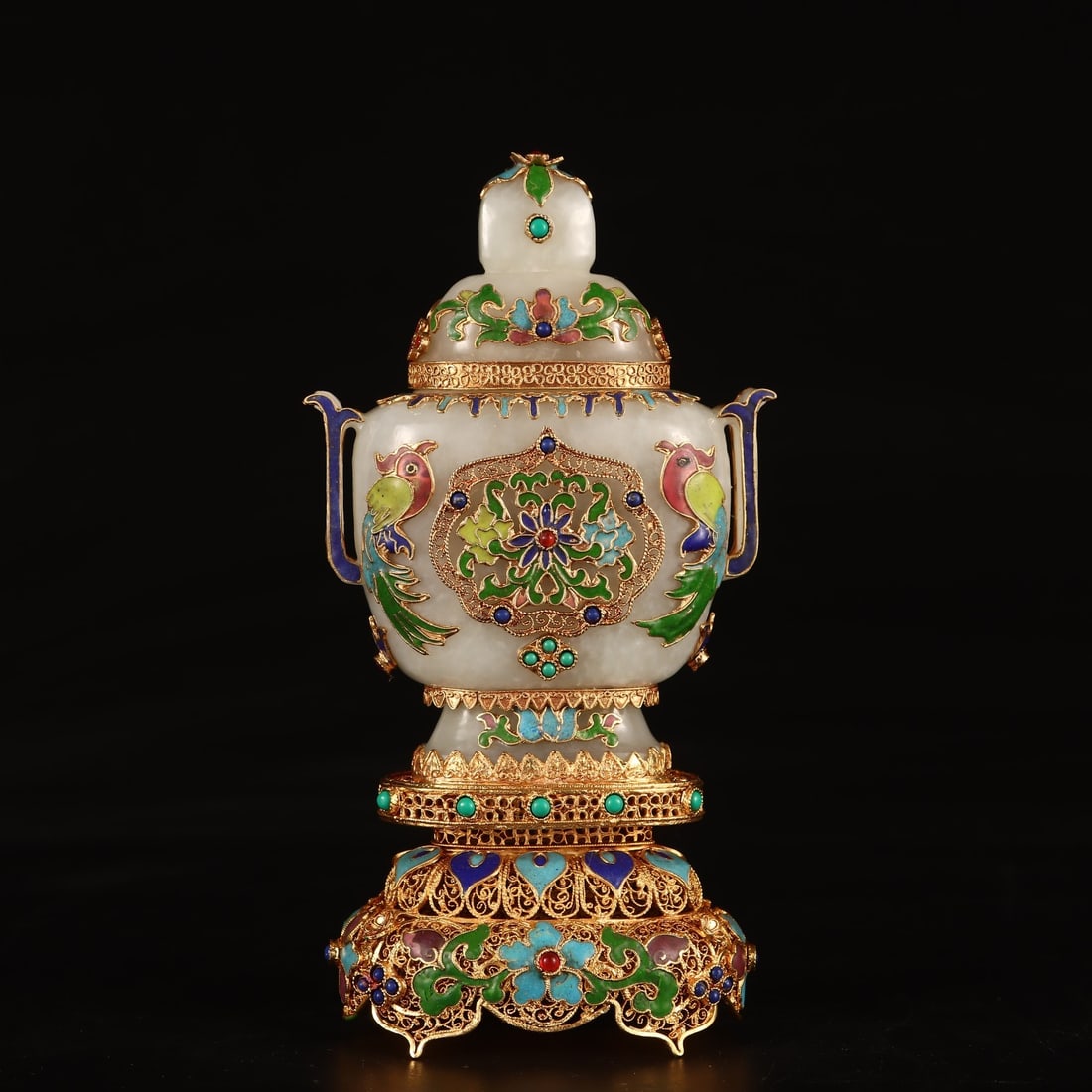 A Rare Gilt Inlaid White Jade Flower and Bird Pattern Double-Ears Censer, Inlaid Turquoise (1 of 9)