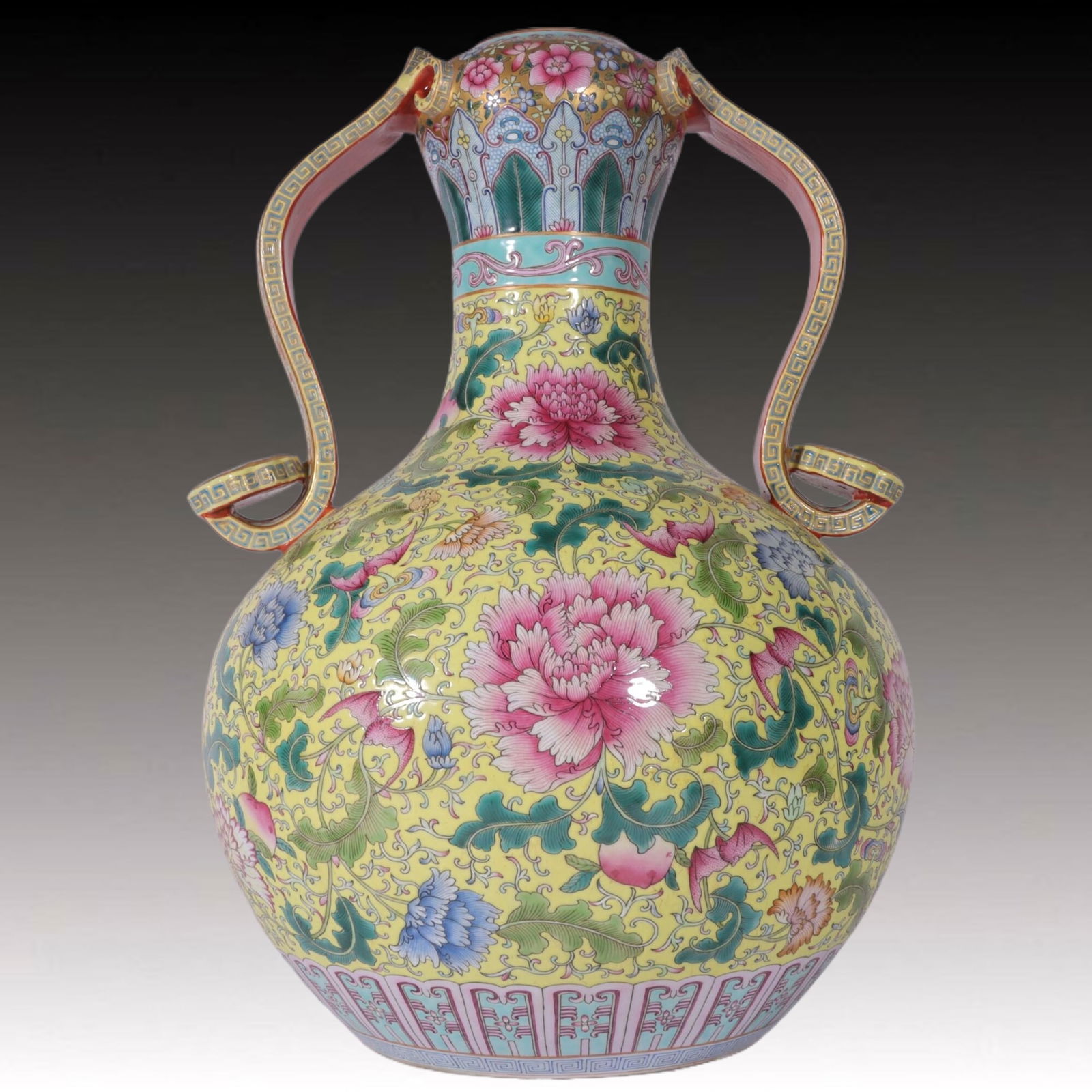 A Huge Enamel Yellow Ground Bats and Peach Pattern Ruyi-Ears Vase (1 of 8)