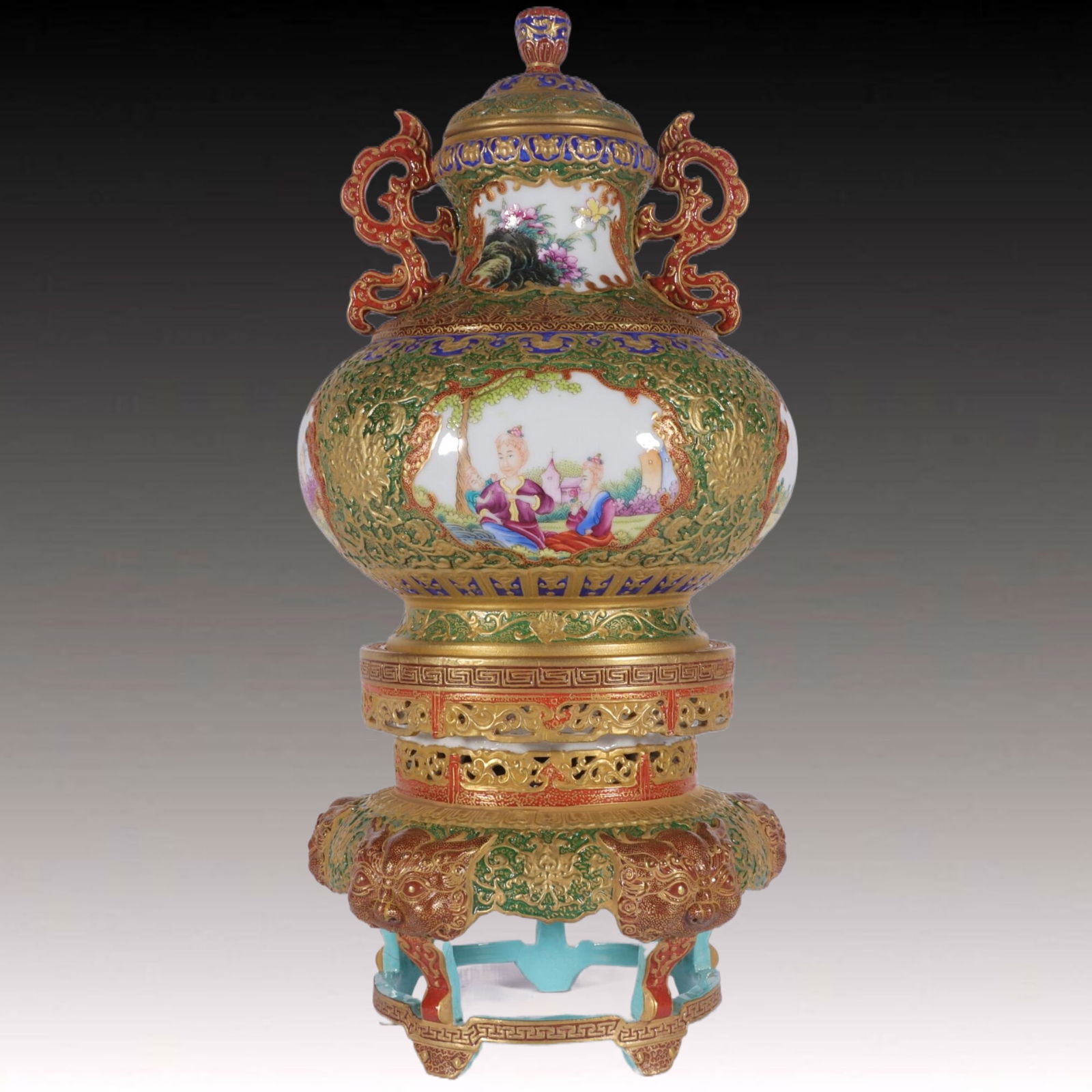 A Rare Enamel Blue Ground Figure Pattern Double-Ears Vase (1 of 8)