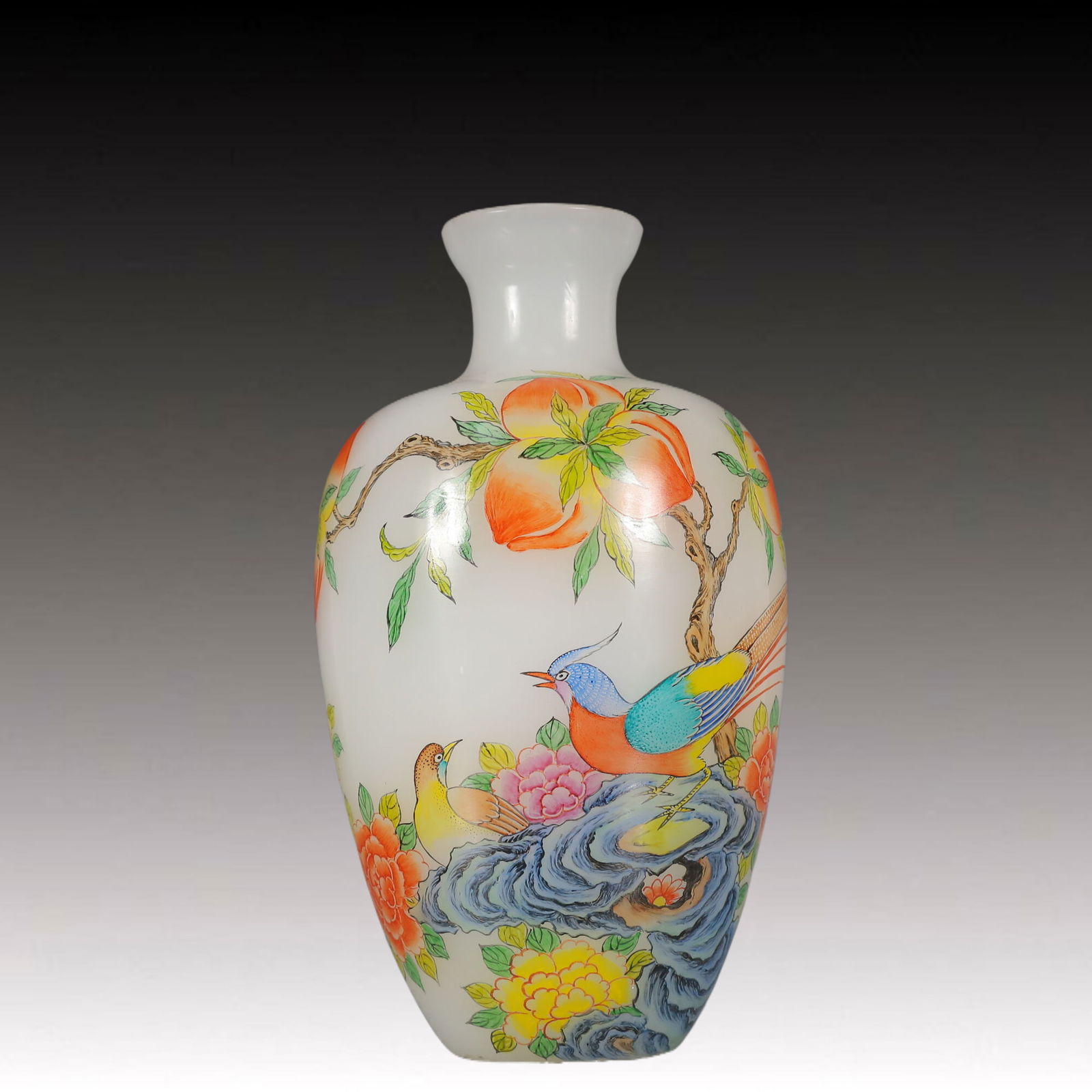 An Exquisite White Glass Painted Color Flower and Bird Pattern Vase (1 of 6)