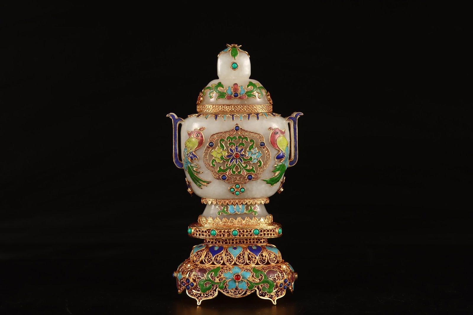 An Exquisite White Jade Gilt Flower and Bird Pattern Double-Ears Censer, Inlaid Turquoise (1 of 9)